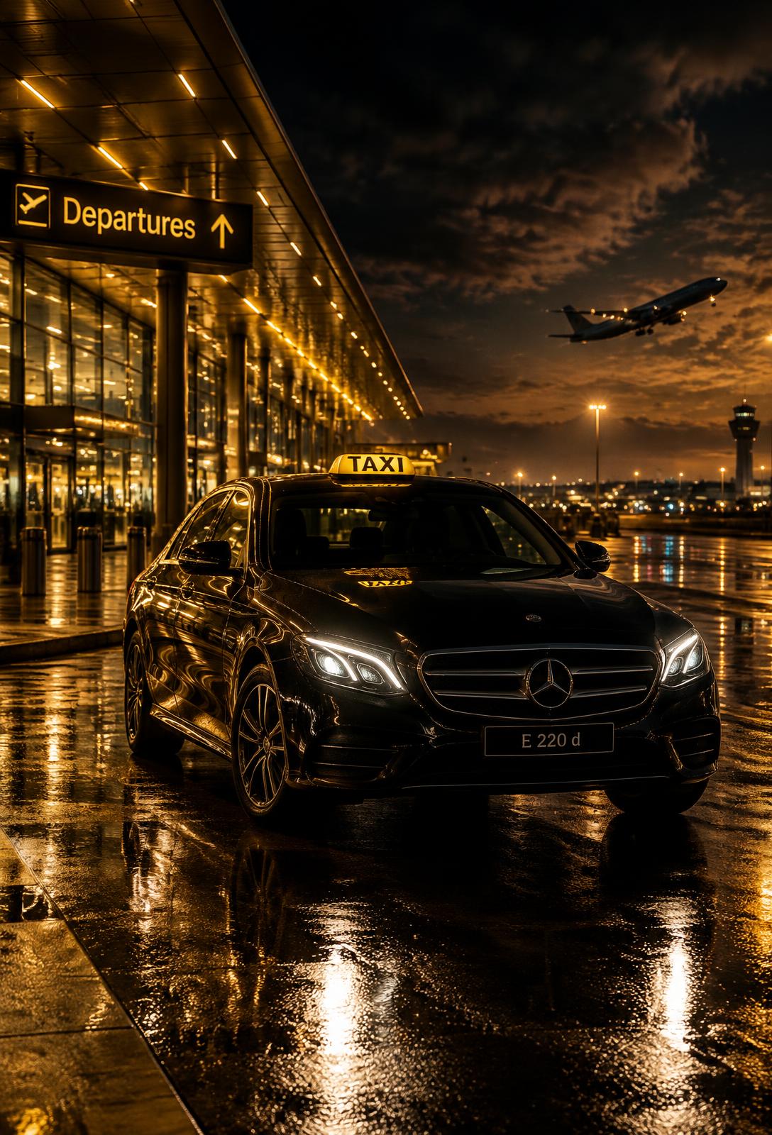 Zwarte Omega Taxi aan de luchthaven